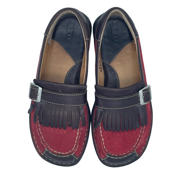 Born Womens Loafer Flat Shoes Red Black Suede Slip On Kiltie Stitching 8 M - Picture 6 of 9